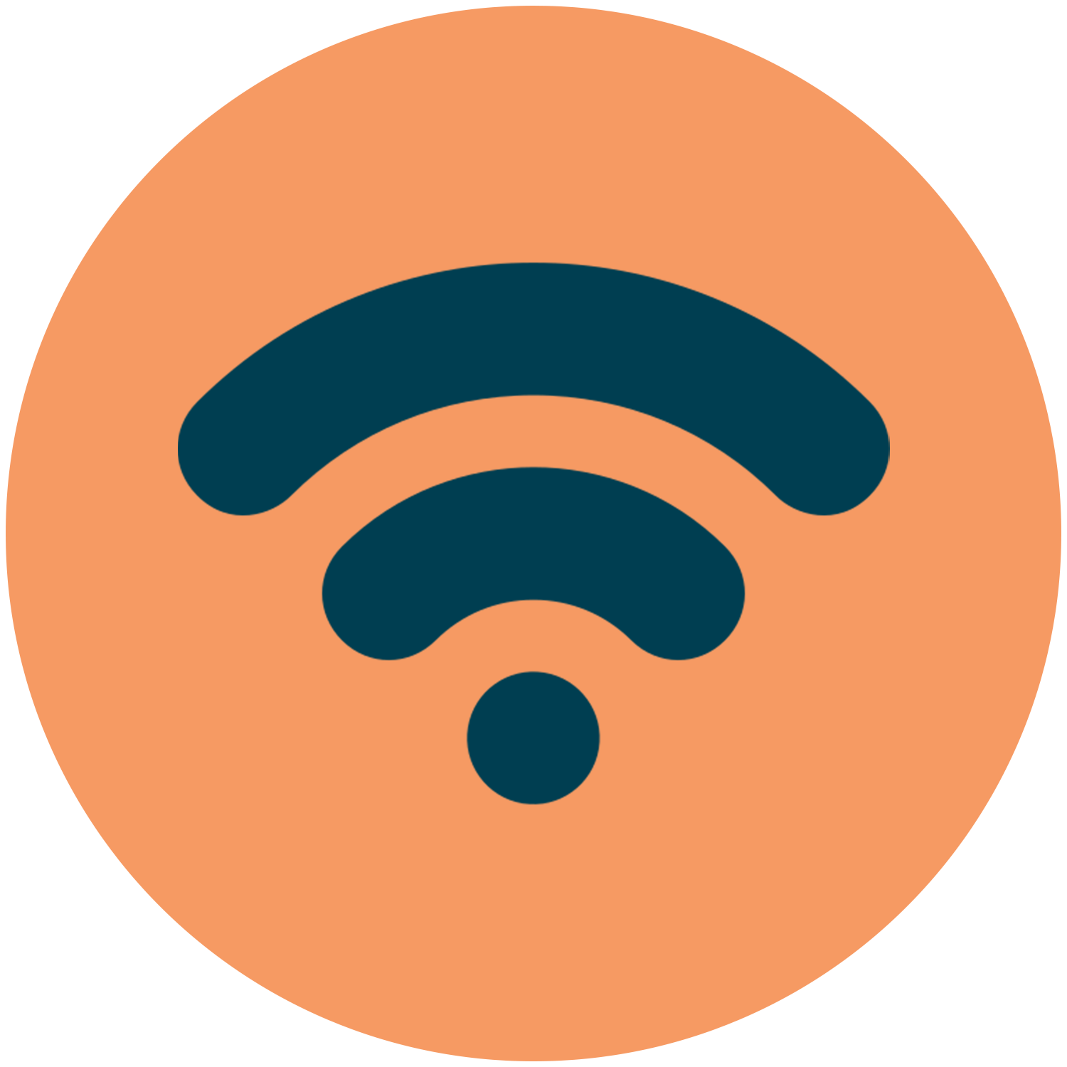 Wi-Fi symbol in dark teal, within an orange circle.
