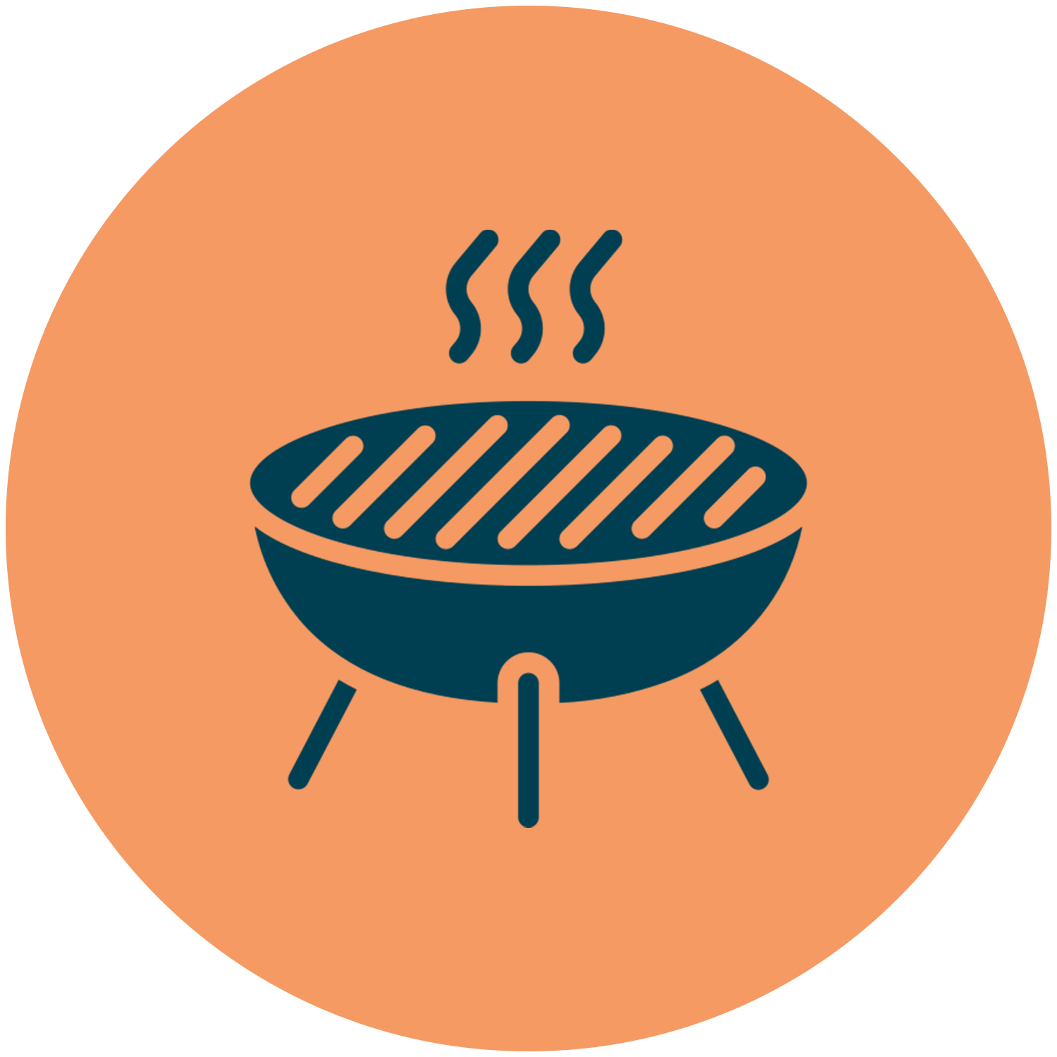 Charcoal grill icon with smoke rising, orange background.