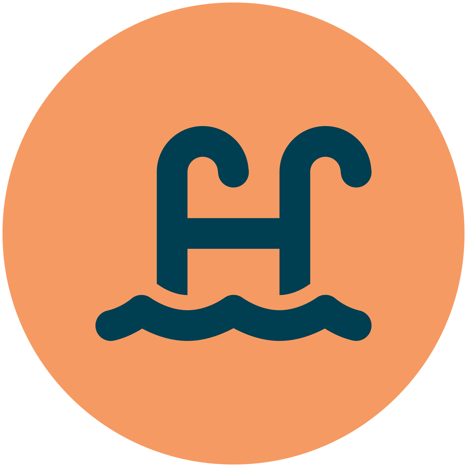 Pool ladder icon in dark blue, inside a peach-colored circle.