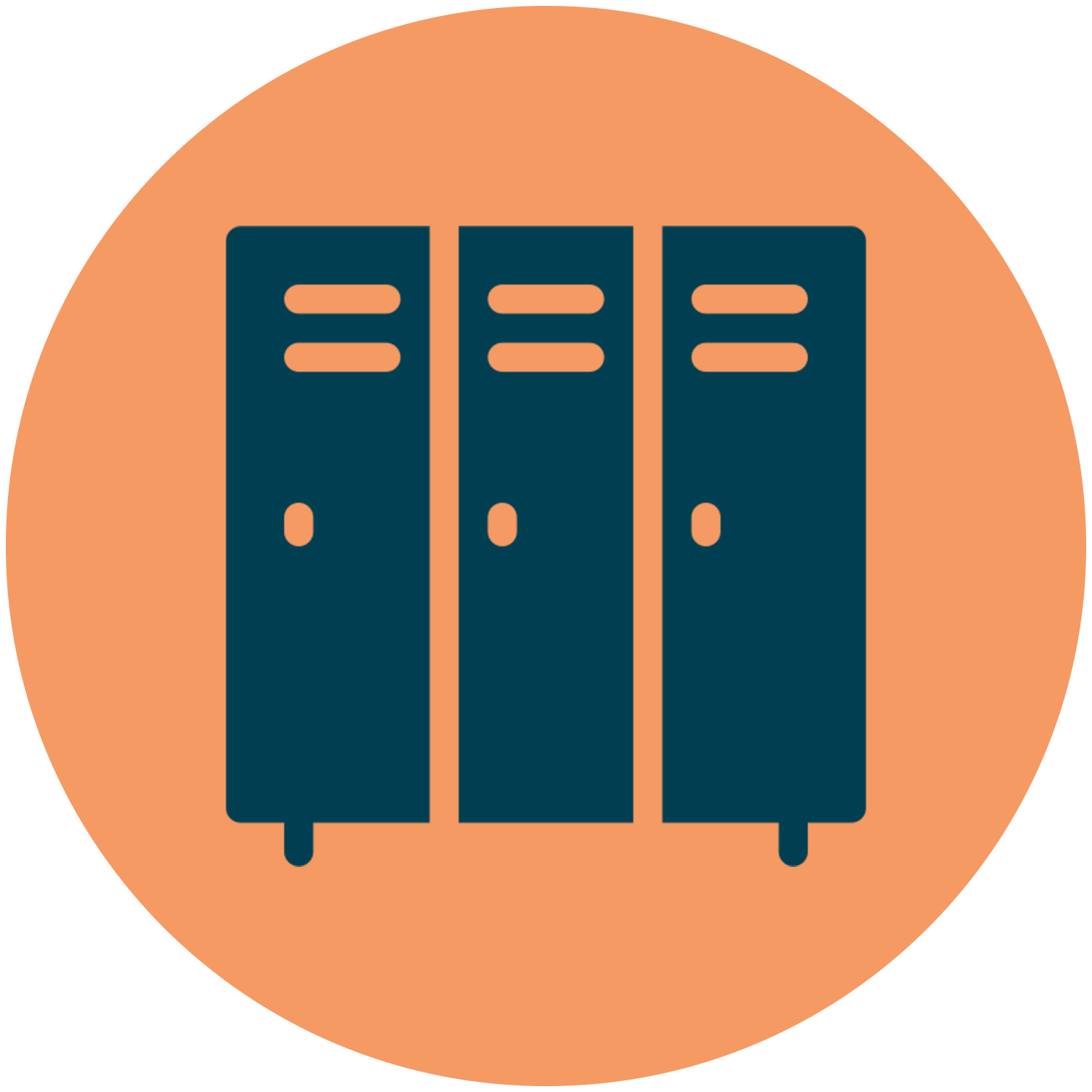 Dark blue lockers inside an orange circle.