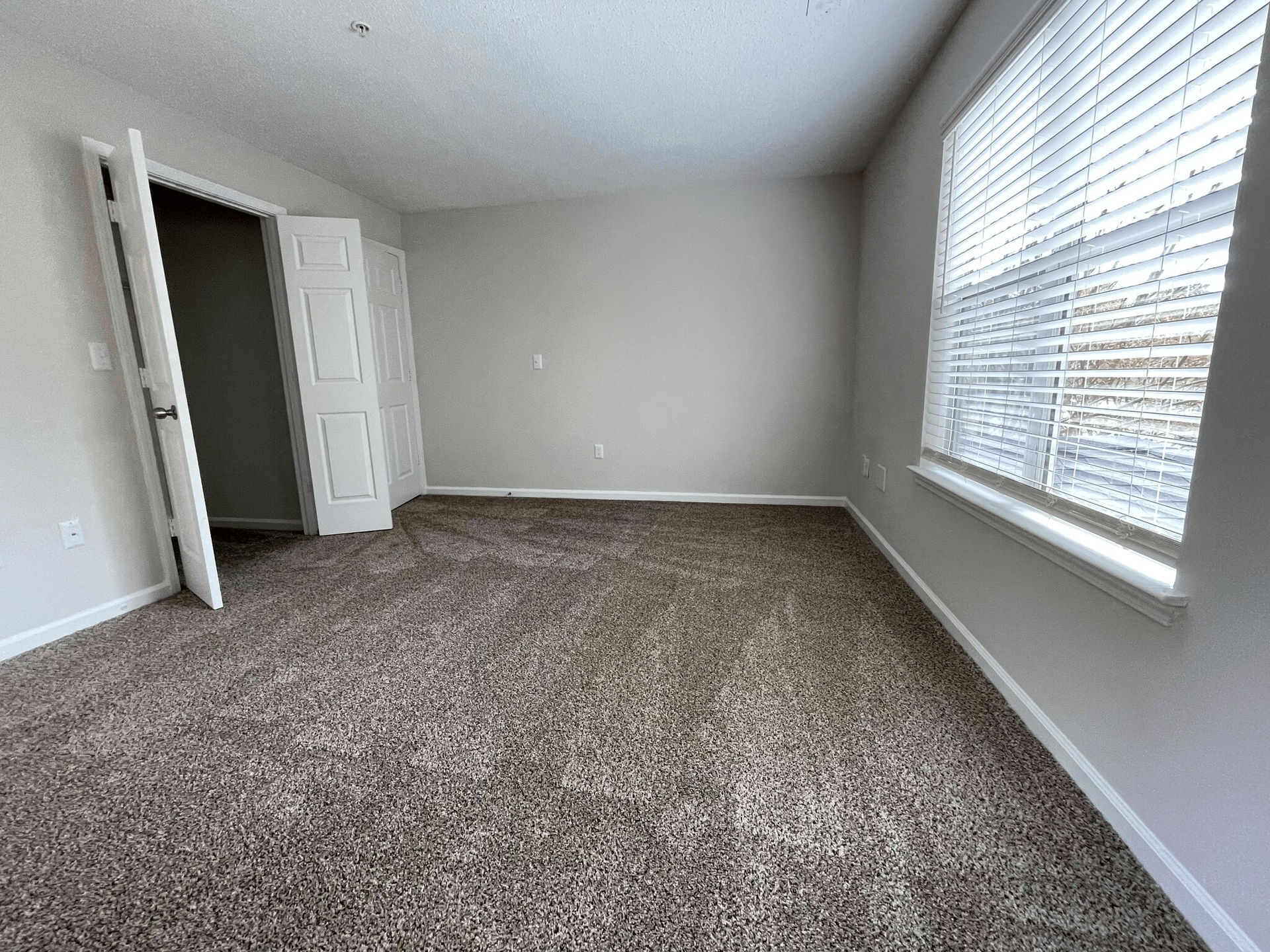 Empty room with beige carpet, light gray walls, white trim, and a window with blinds.