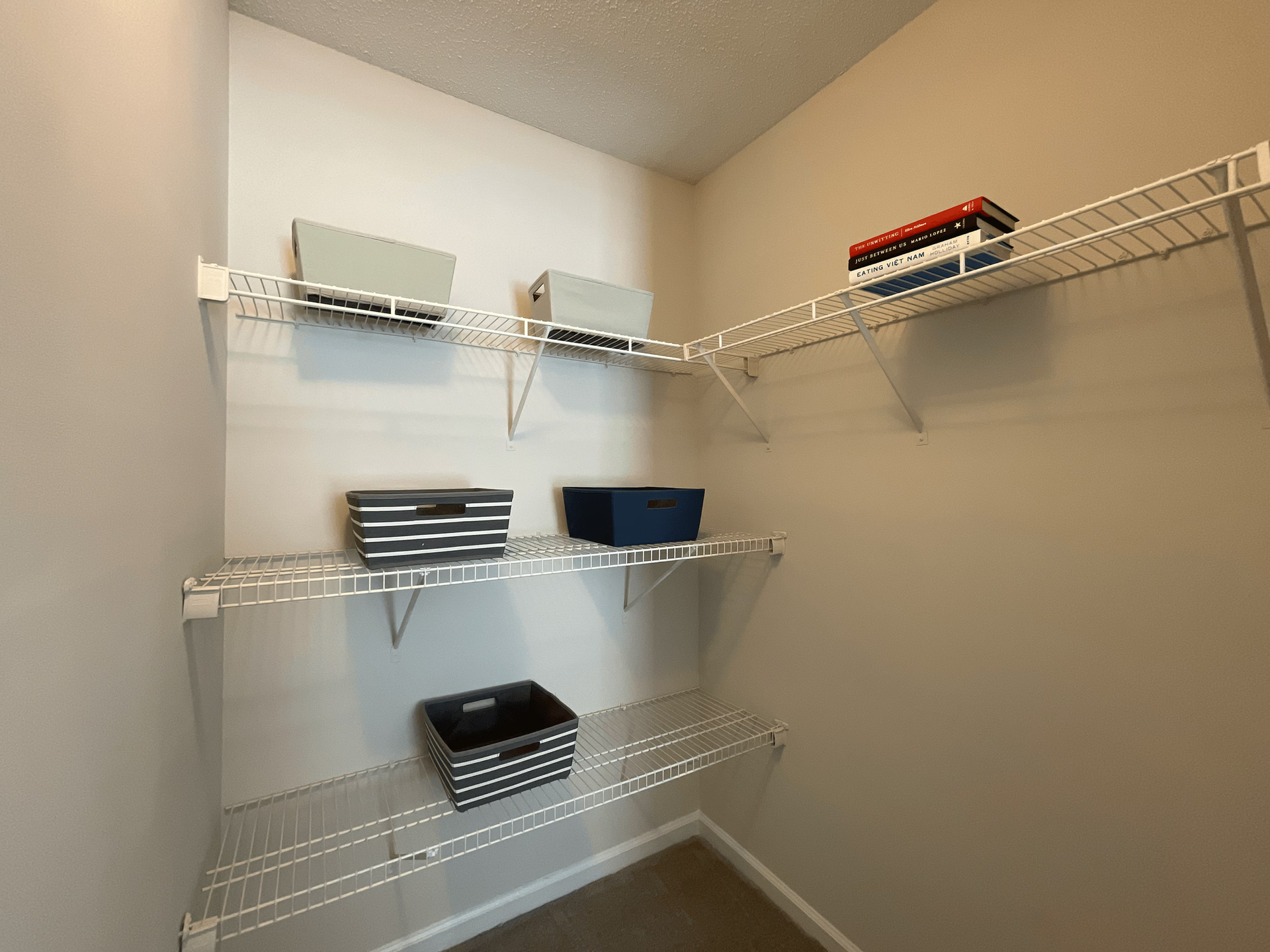 Empty white wire shelves in a closet with various storage bins.