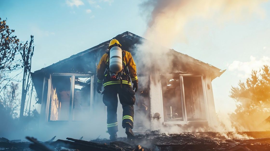 Firefighter in full gear stands before a burning house, smoke billowing in the blue sky.