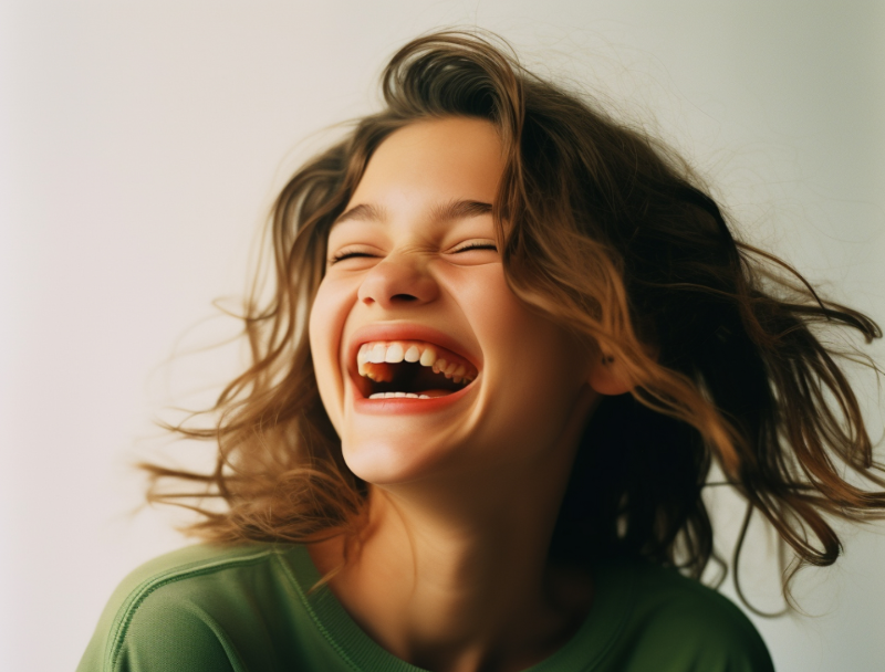 Woman in green shirt laughing with eyes closed and mouth wide open, against a white background.
