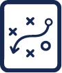 A blue and white icon of a strategy with arrows and crosses.