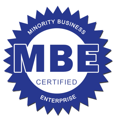 A blue and white logo for a minority business enterprise