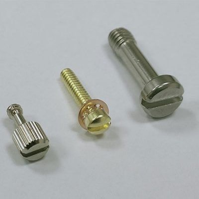 Three different types of screws are sitting on a white surface.