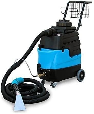A blue and black vacuum cleaner with a hose attached to it.