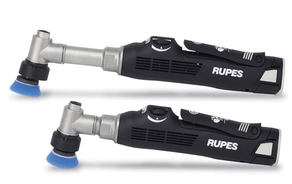 Two rupes polishing machines are sitting next to each other on a white surface.