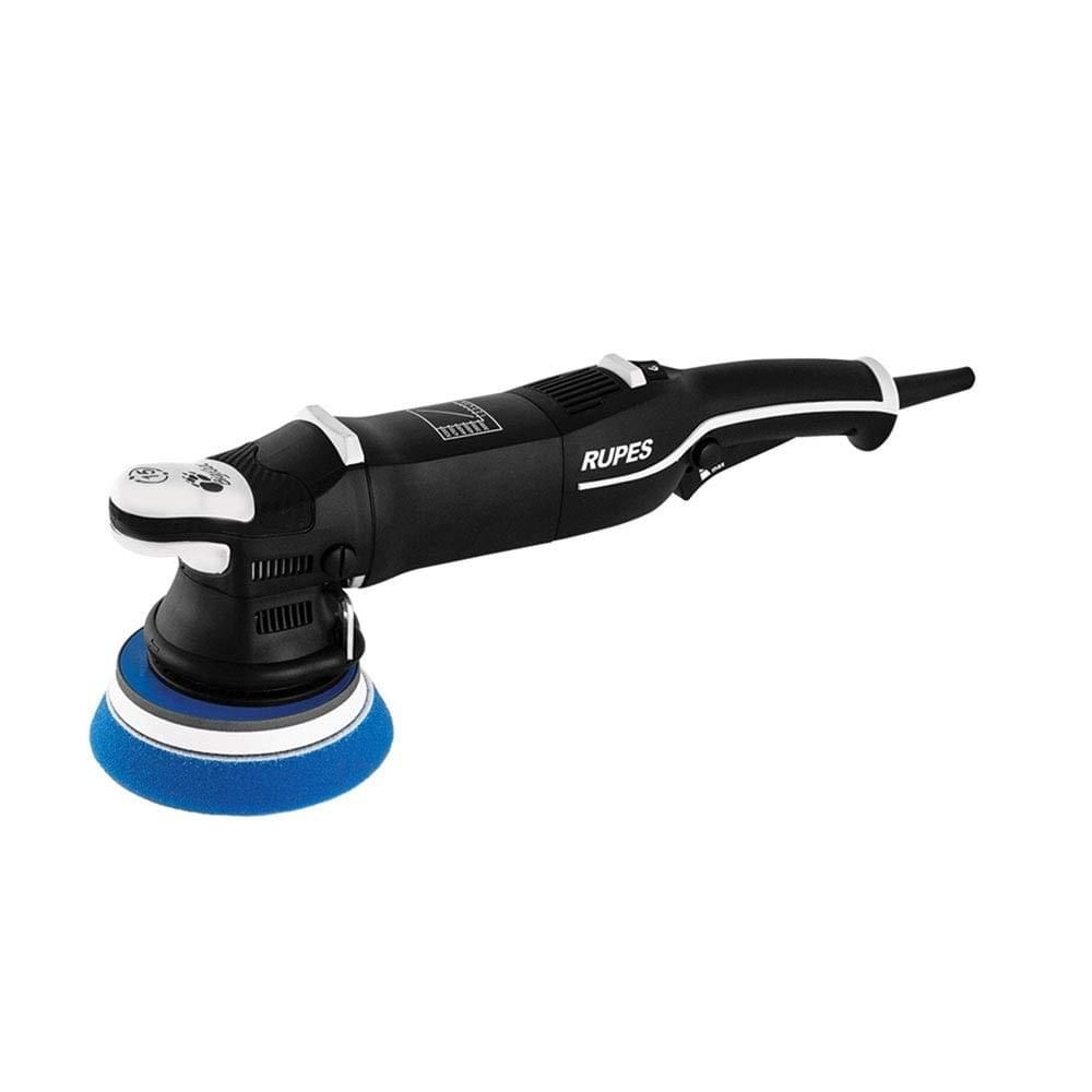 A black and white polisher with a blue pad on a white background.