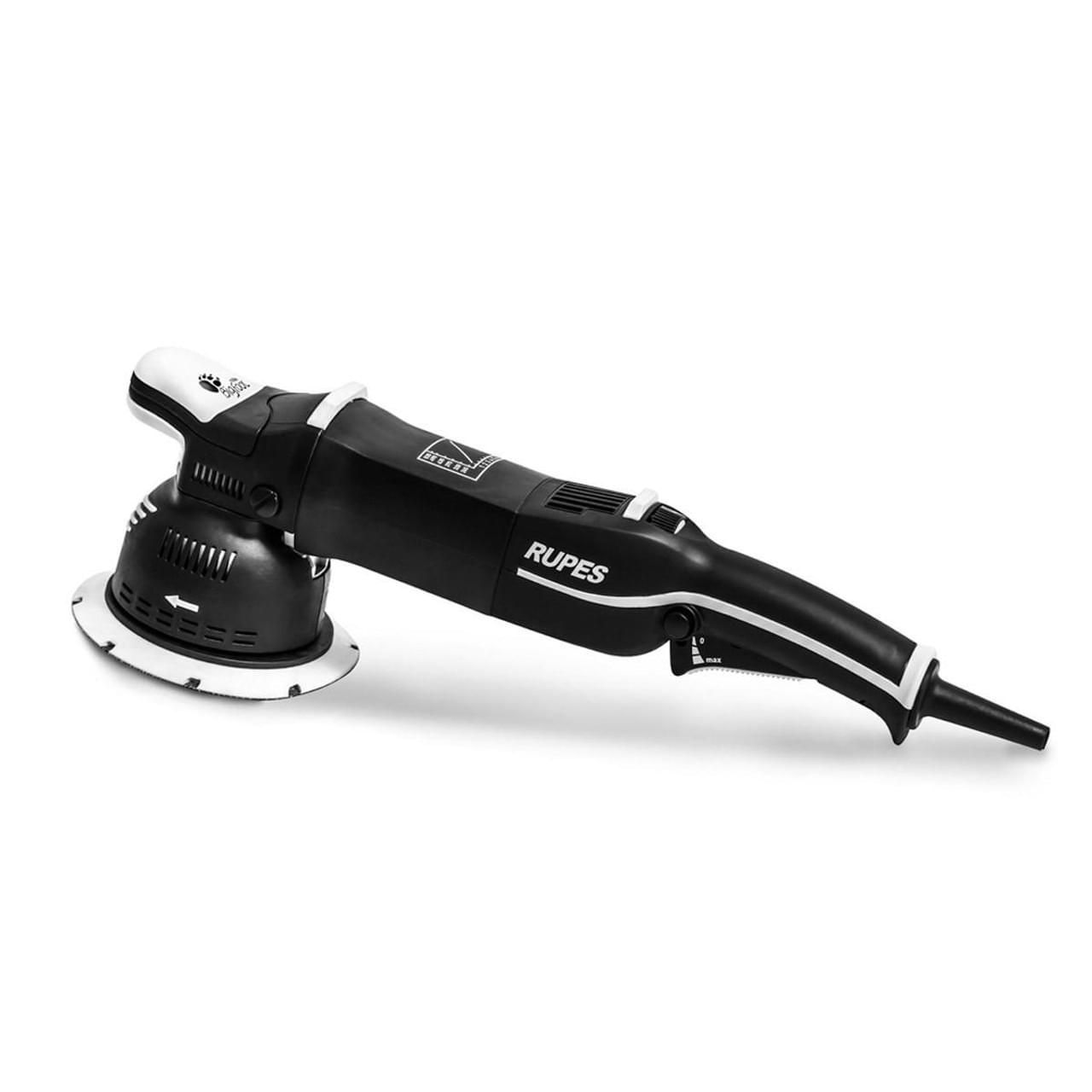 A black and white polisher is sitting on a white surface.
