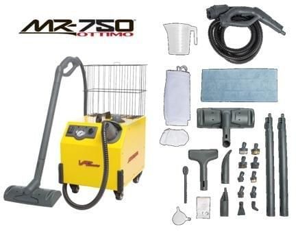 A yellow vacuum cleaner with a lot of accessories on it