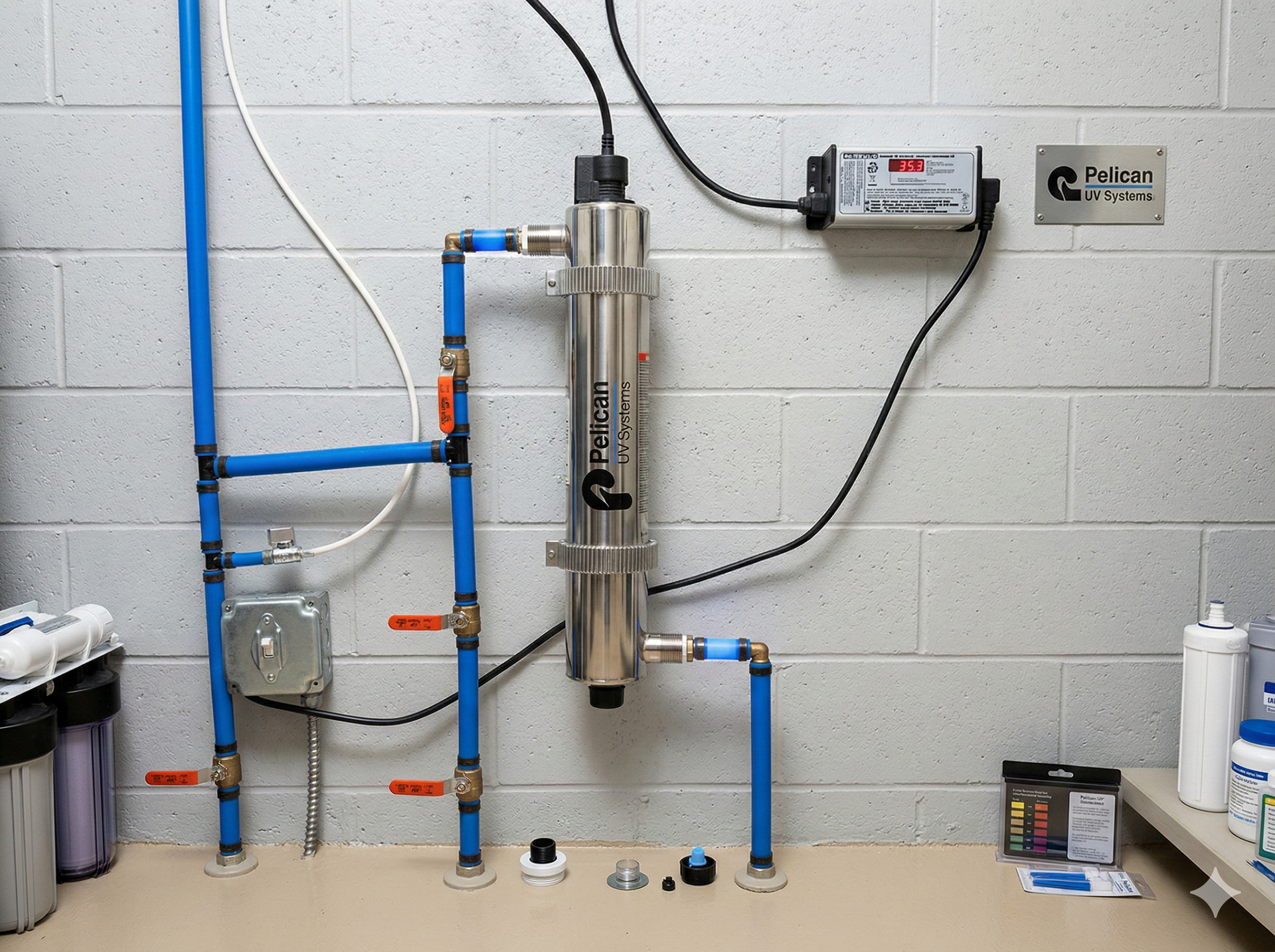Water purification system on a wall: blue pipes, a UV filter, control box, and accessories on a countertop.