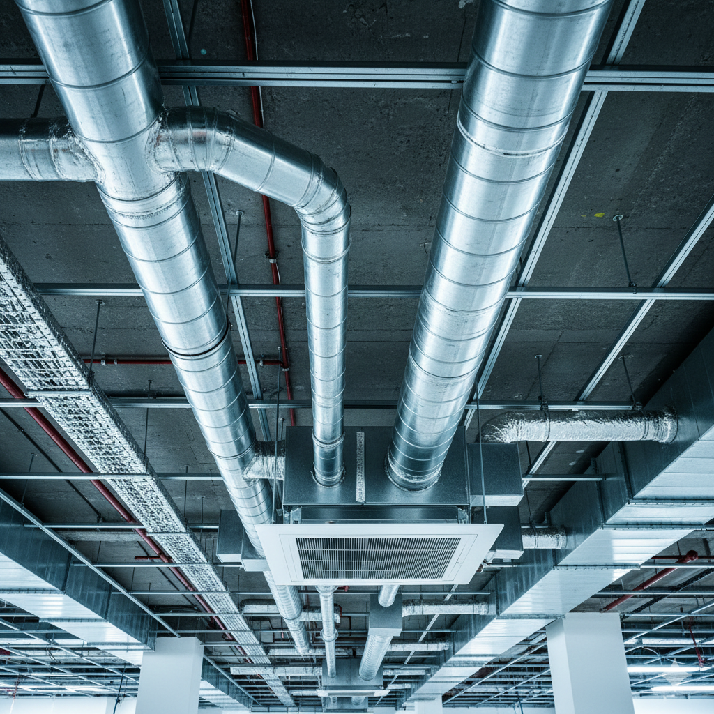 Overhead view of ventilation and electrical conduits on a gray ceiling.