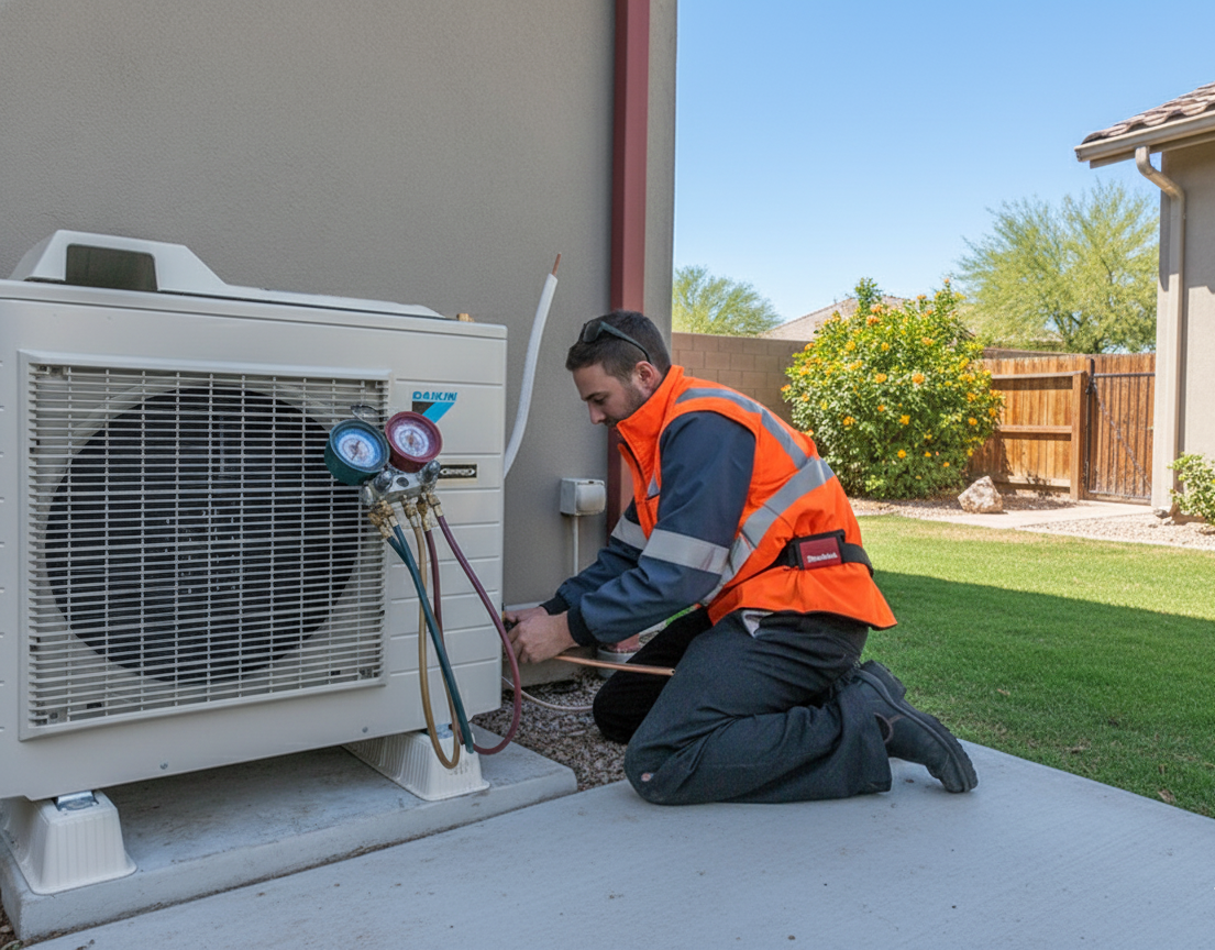 HVAC technician kneels near an AC unit, attaching gauges outdoors. He wears a safety vest.