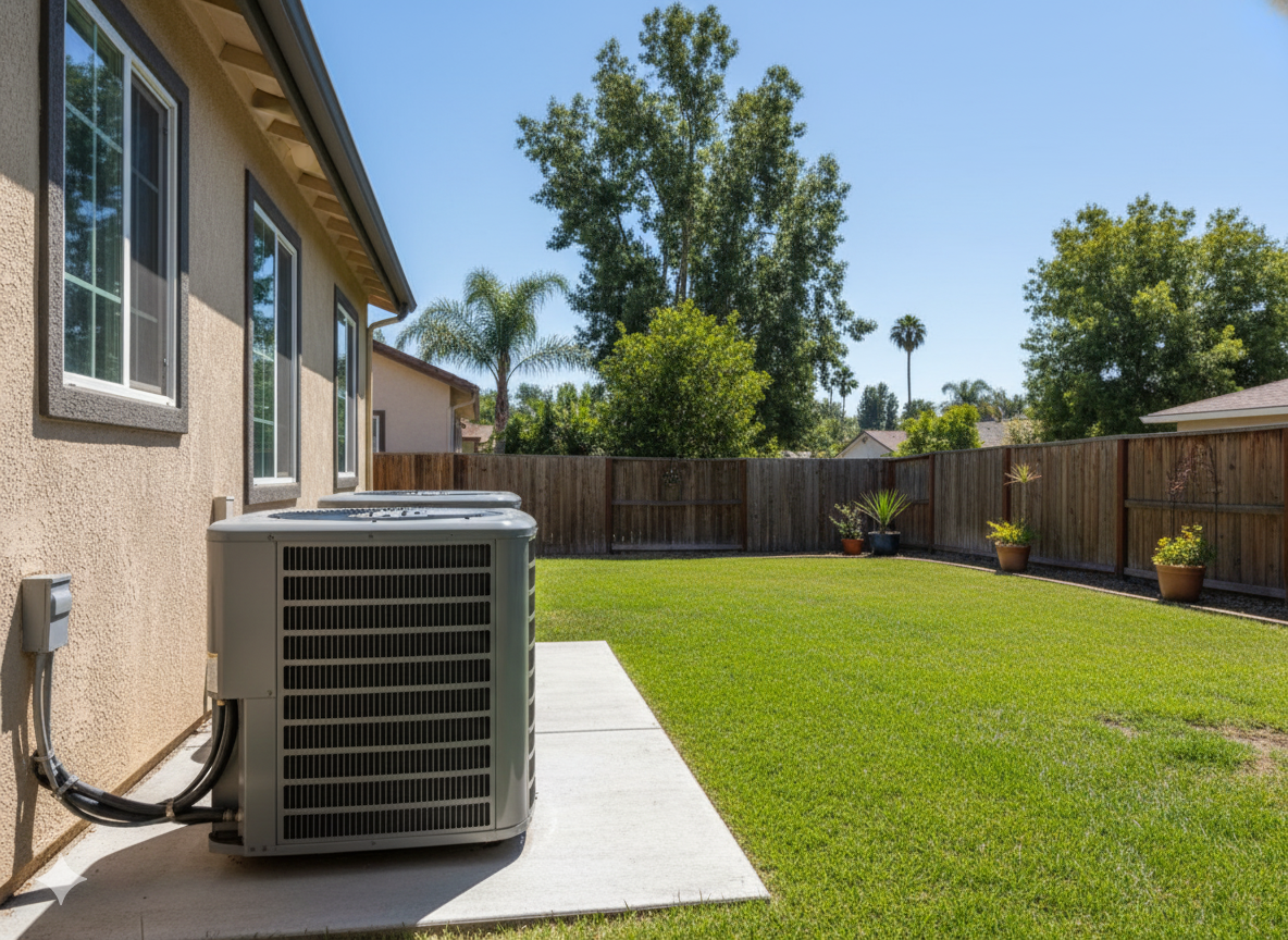 Backyard with central air conditioning unit, green grass, wooden fence, and blue sky.
