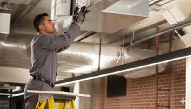 HVAC technician installing ductwork on a ladder in a building with exposed brick.