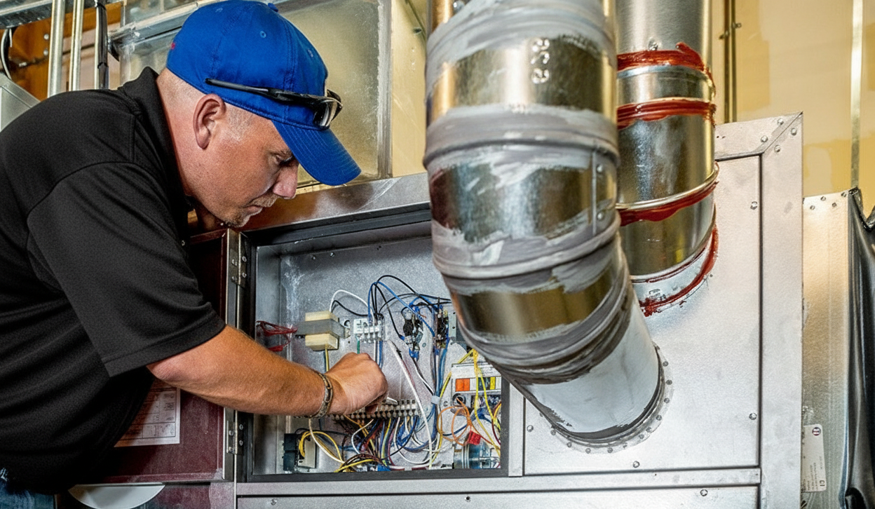 HVAC technician in a blue hat inspects and repairs wiring inside a metal furnace housing.