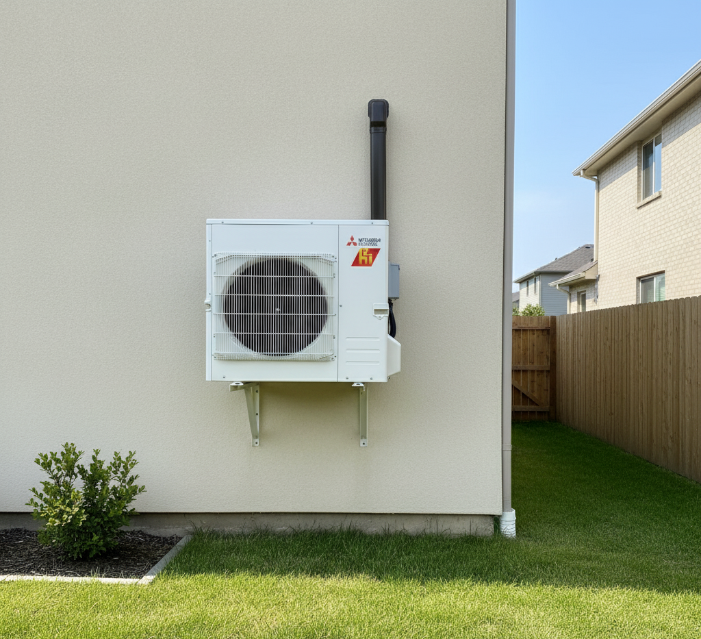 White air conditioning unit on a beige building exterior with a black vent pipe, supported by metal brackets, grass below.