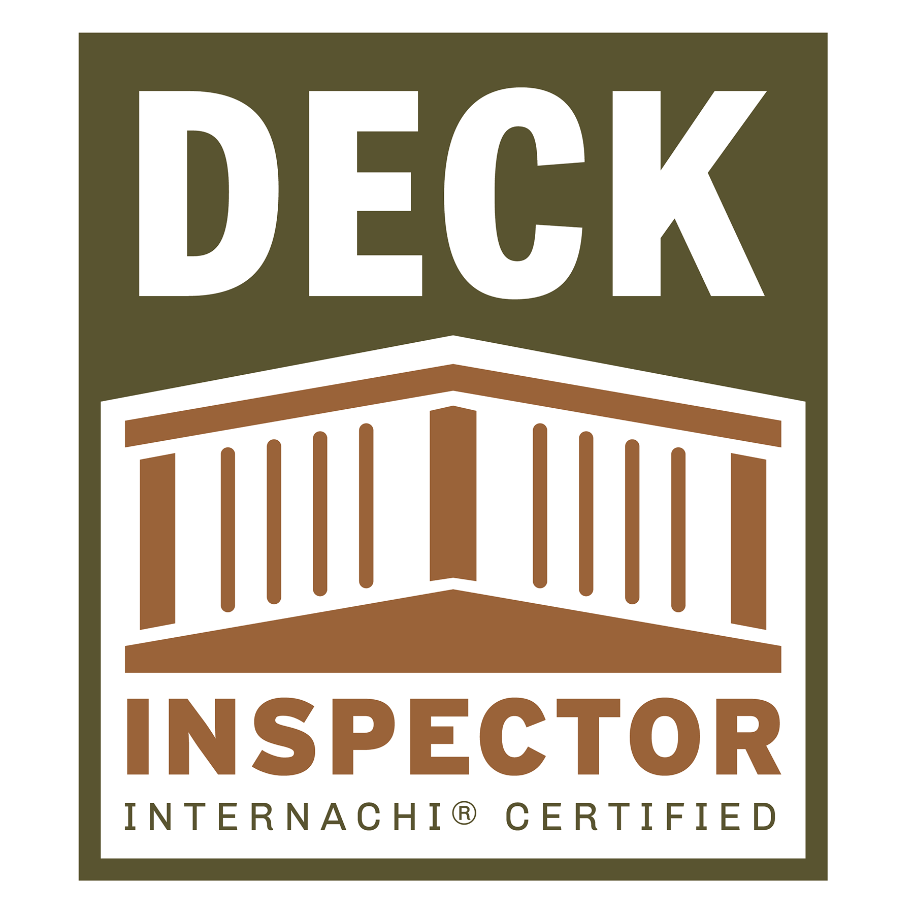 A logo for a deck inspector with a building in the background.