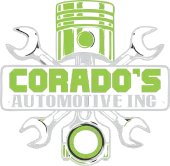 Corado's Automotive Inc. logo with wrenches and piston, green and gray color scheme.