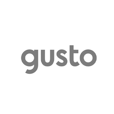 The word gusto is written in a gray font on a white background.