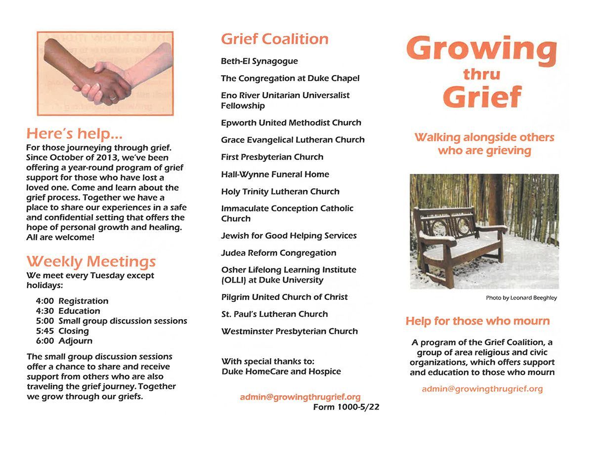 A brochure that says growing thru grief on it