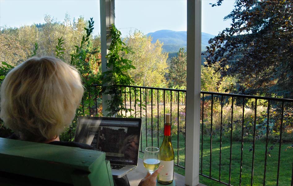 A woman is sitting on a porch with a laptop and a glass of wine.