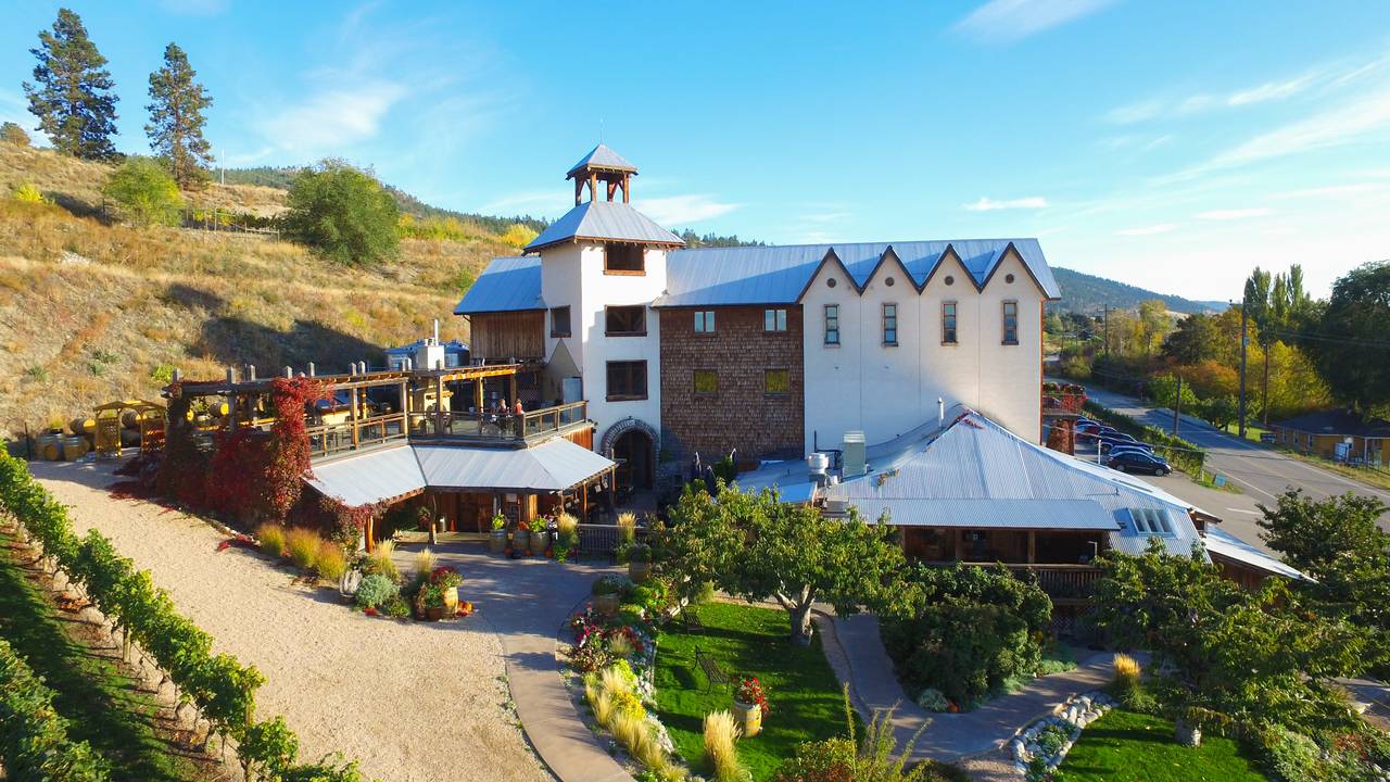 An aerial view of a large building in the middle of a vineyard.