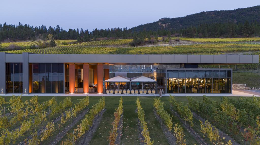 An aerial view of a large building in the middle of a vineyard.