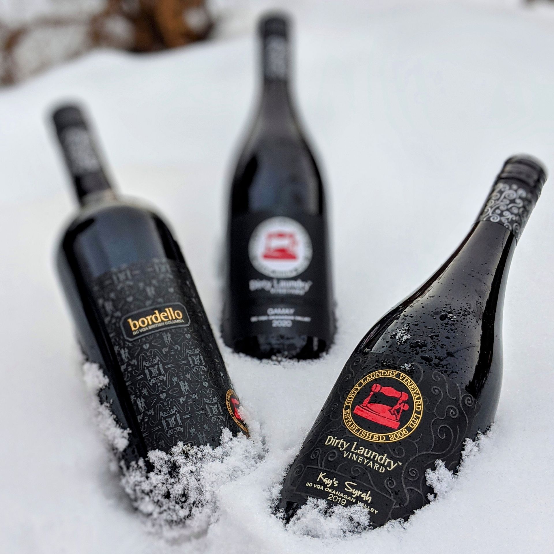 Three bottles of bondello wine are sitting in the snow