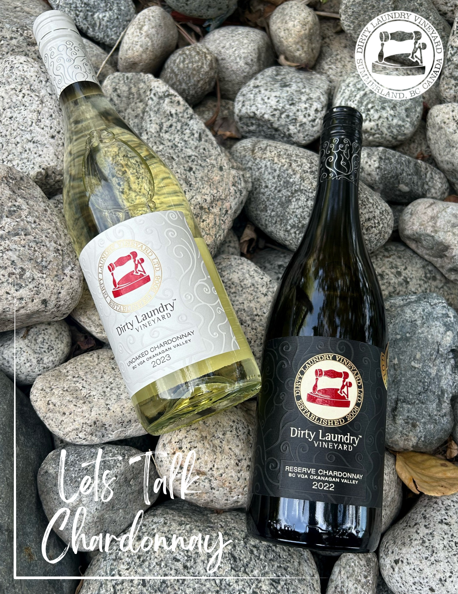 Two bottles of chardonnay wine are sitting on top of a pile of rocks.