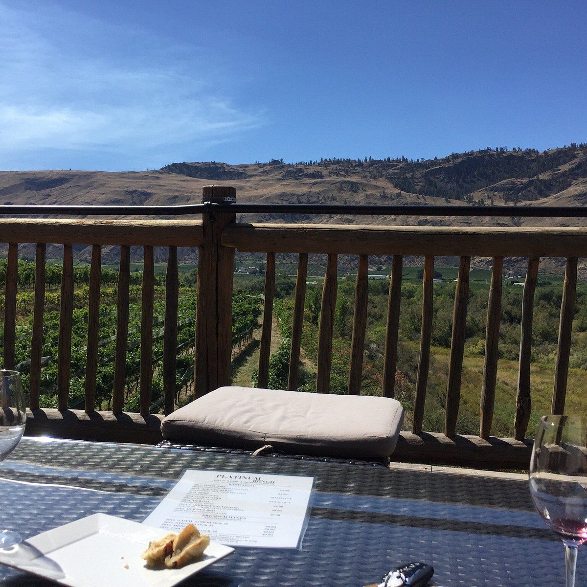 A table with a plate of food and a glass of wine on it