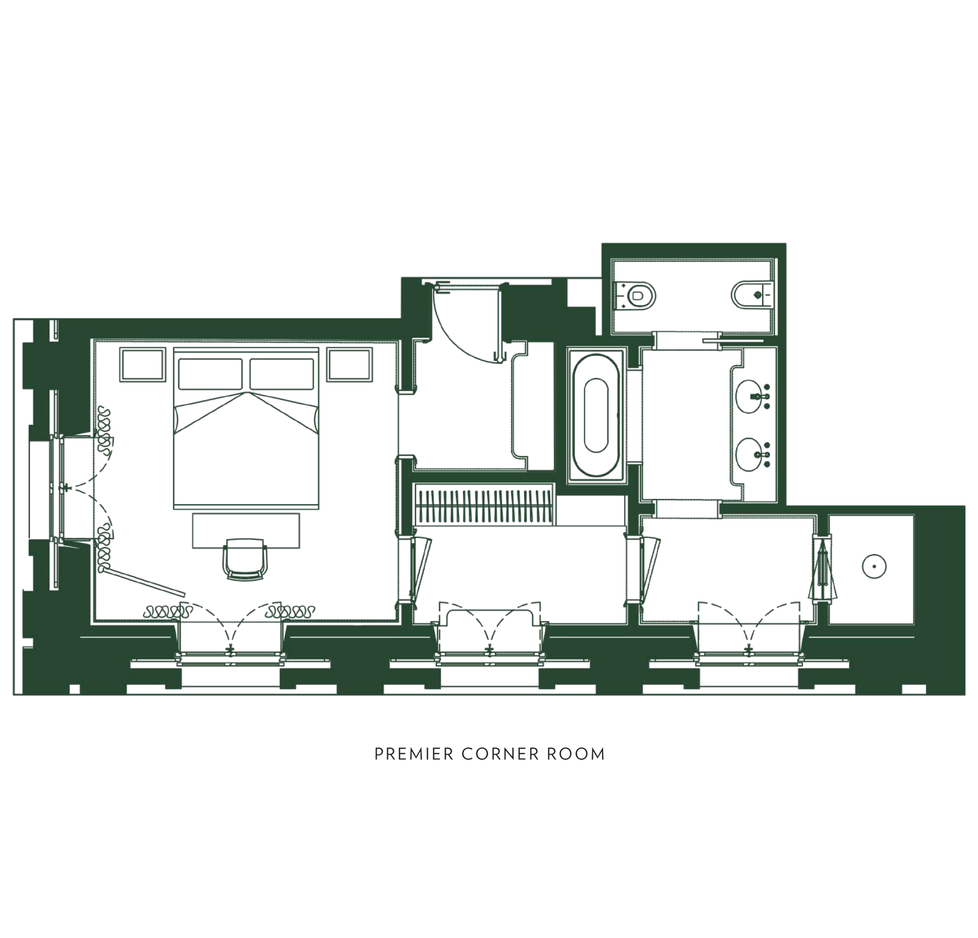 A black and white floor plan of a bedroom and bathroom