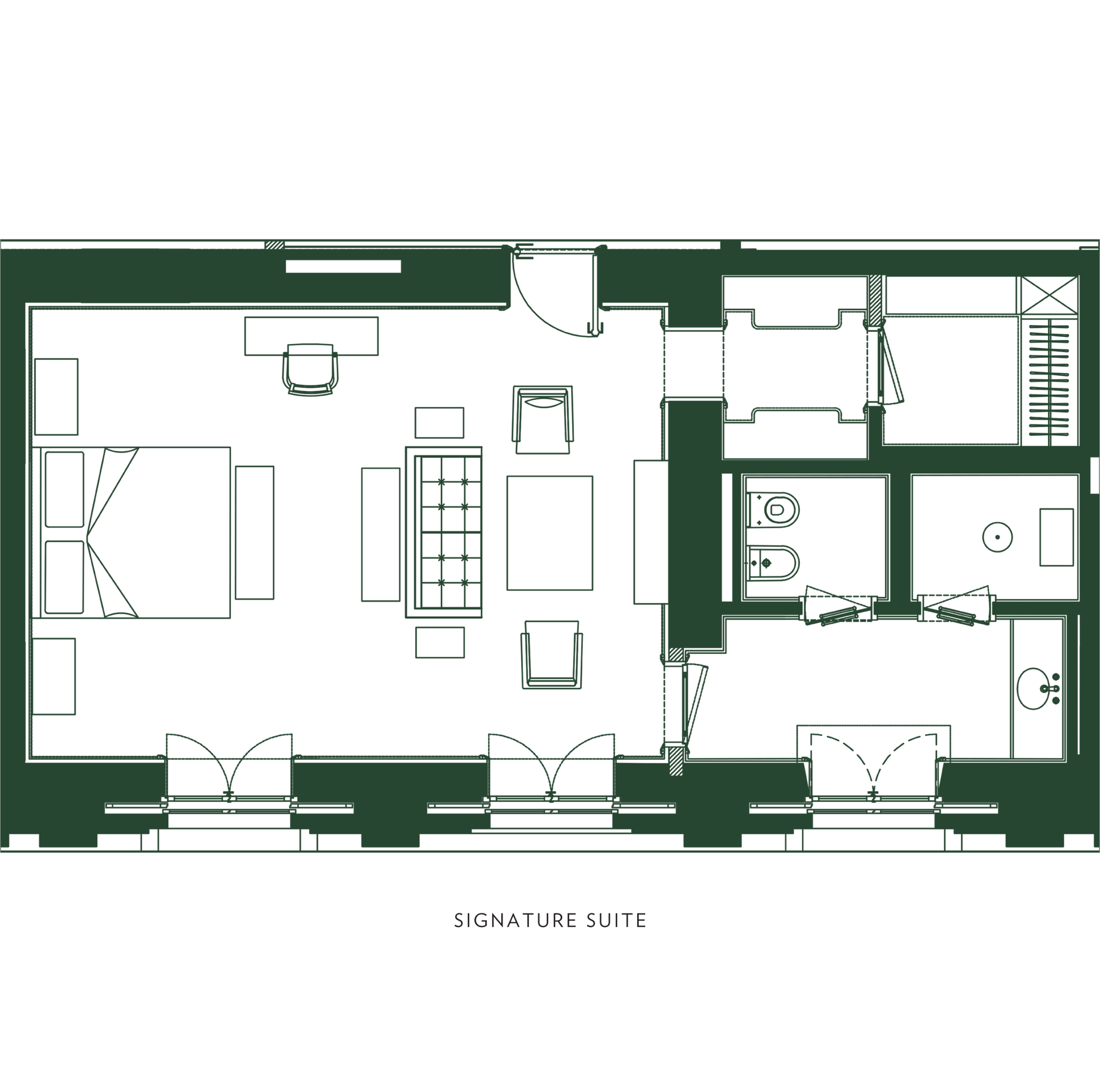 A black and white floor plan of a signature suite