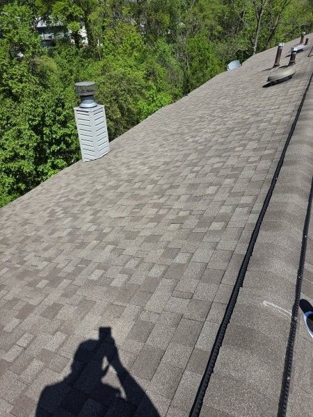 A high-angle view of a gray asphalt shingle roof with a chimney vent, surrounded by trees on a sunny day.