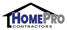 Logo for HomePro Contractors featuring a black roof outline above the text "HOMEPRO" in blue and gray, over "CONTRACTORS".