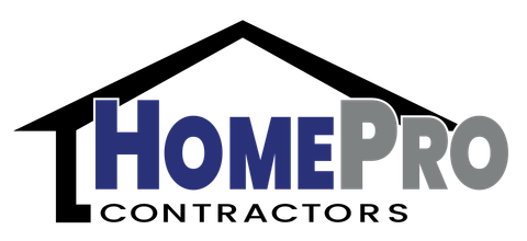 Logo for HomePro Contractors featuring a black roof outline above the text "HOMEPRO" in blue and gray, over "CONTRACTORS".