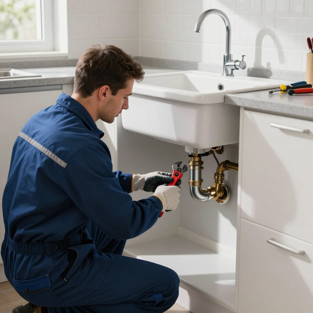 Licensed plumber fixing a leaking faucet.