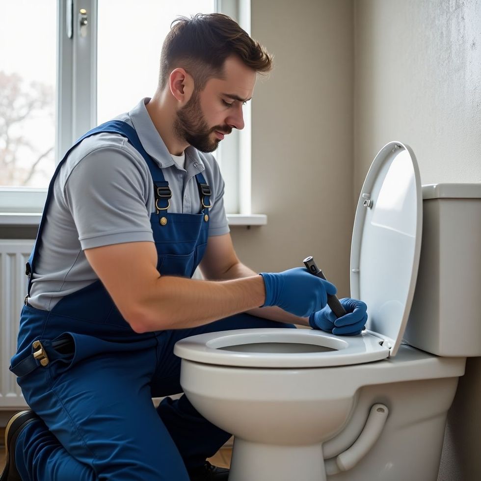 Plumber performing toilet repair in Castle Rock residential bathroom.