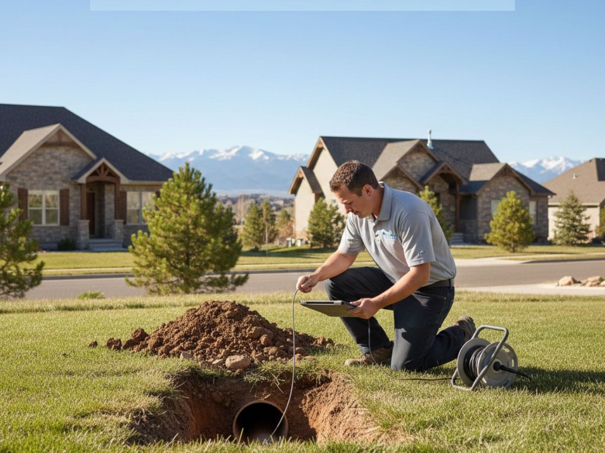 Plumber inspecting sewer line excavation in Castle Rock yard with homes in background
