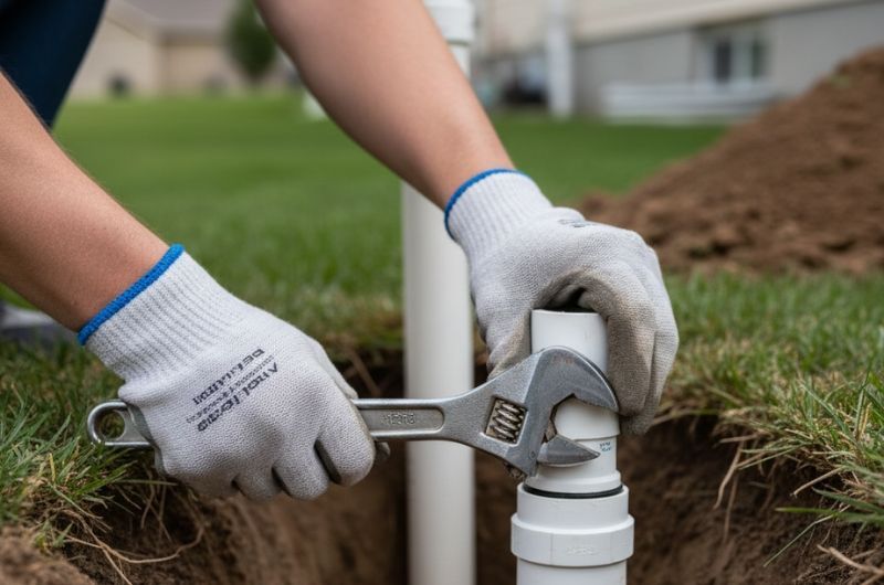 Professional plumber in castle rock Colorado fixing a sewer line in residential area.