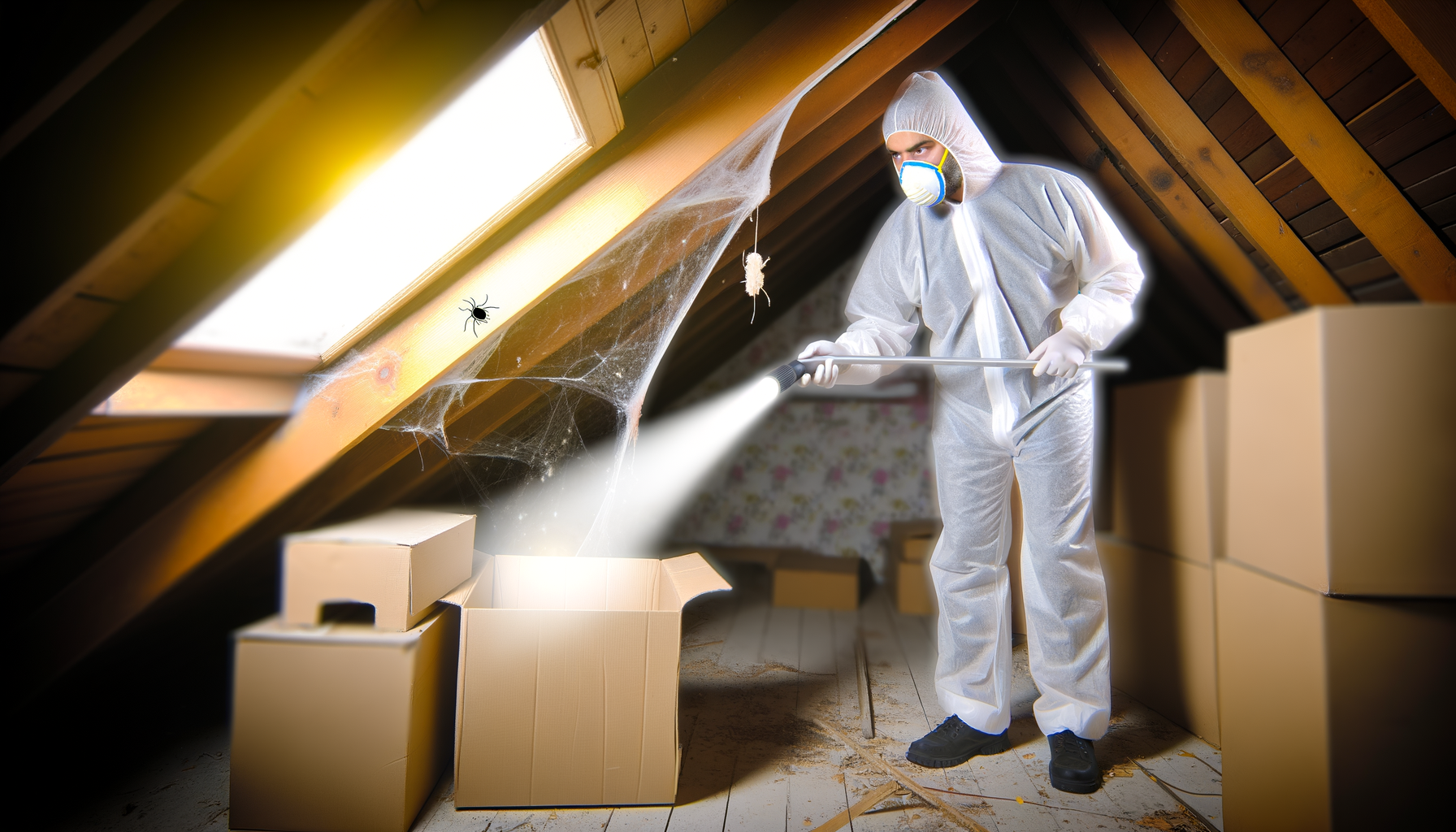 personne qui pulvérise un produit dans les combles