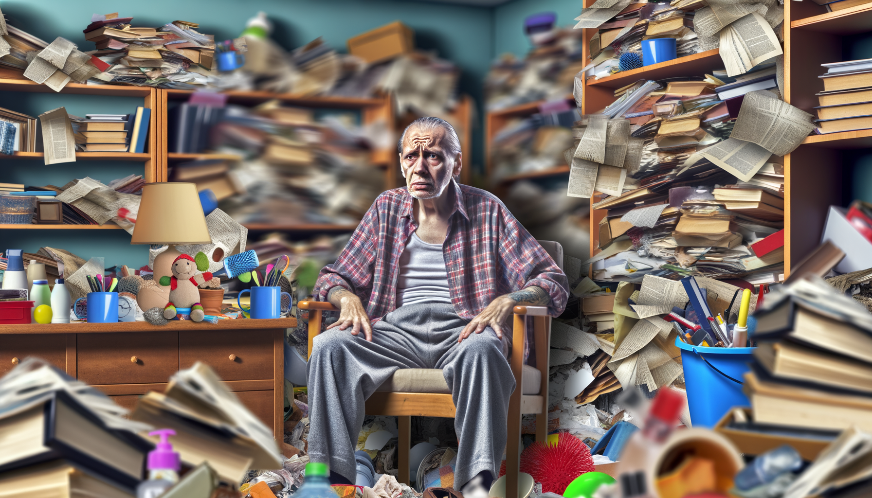 homme au milieu d'une pièce encombré