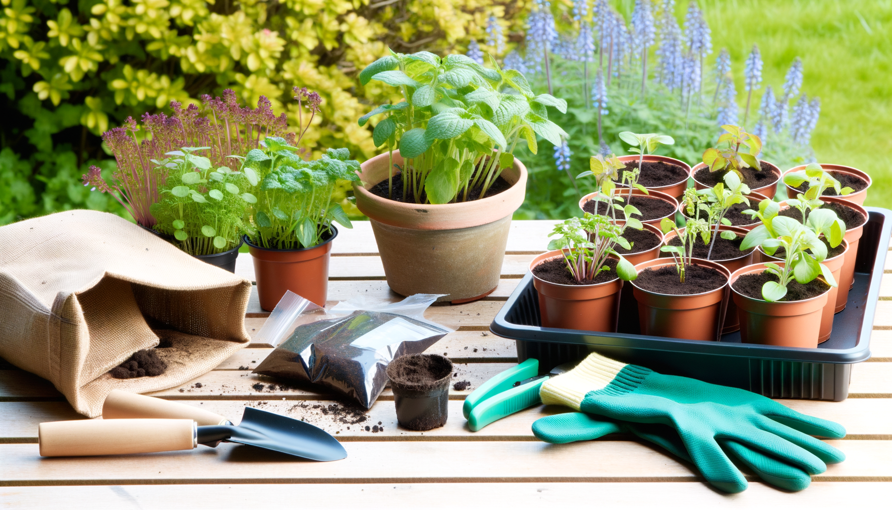 plantes et outils de jardinage