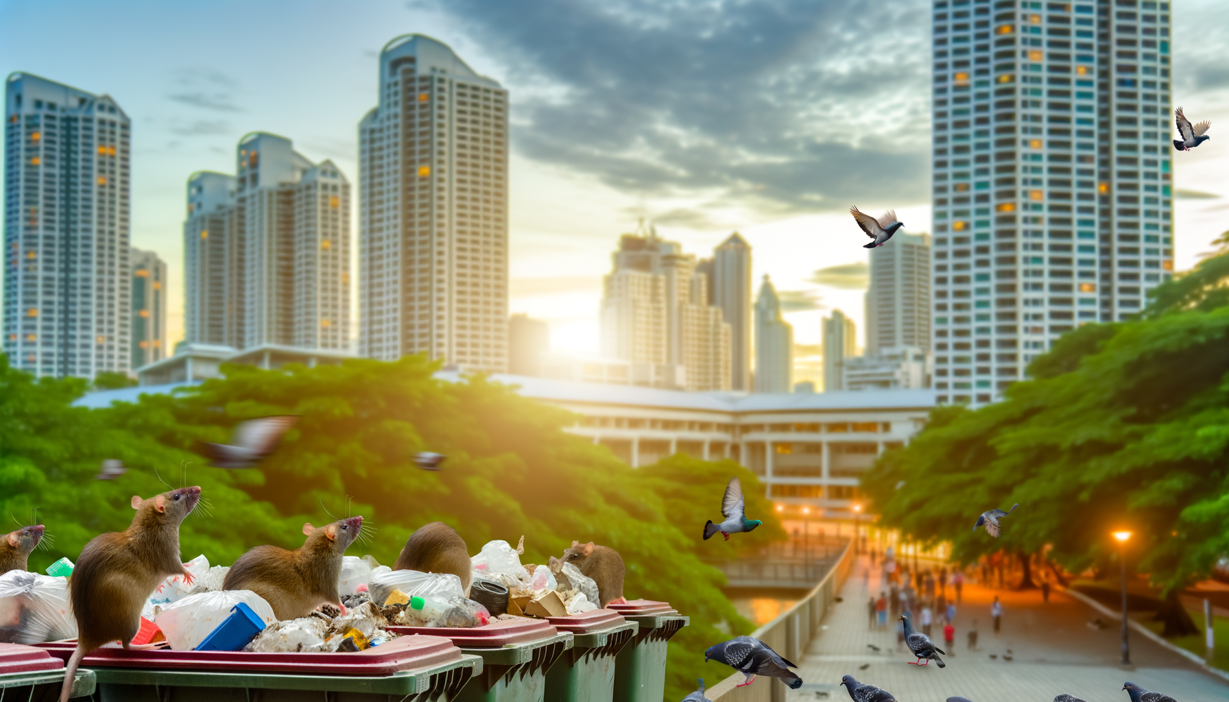 image de rats dans des poubelles et de pigeons sur une route