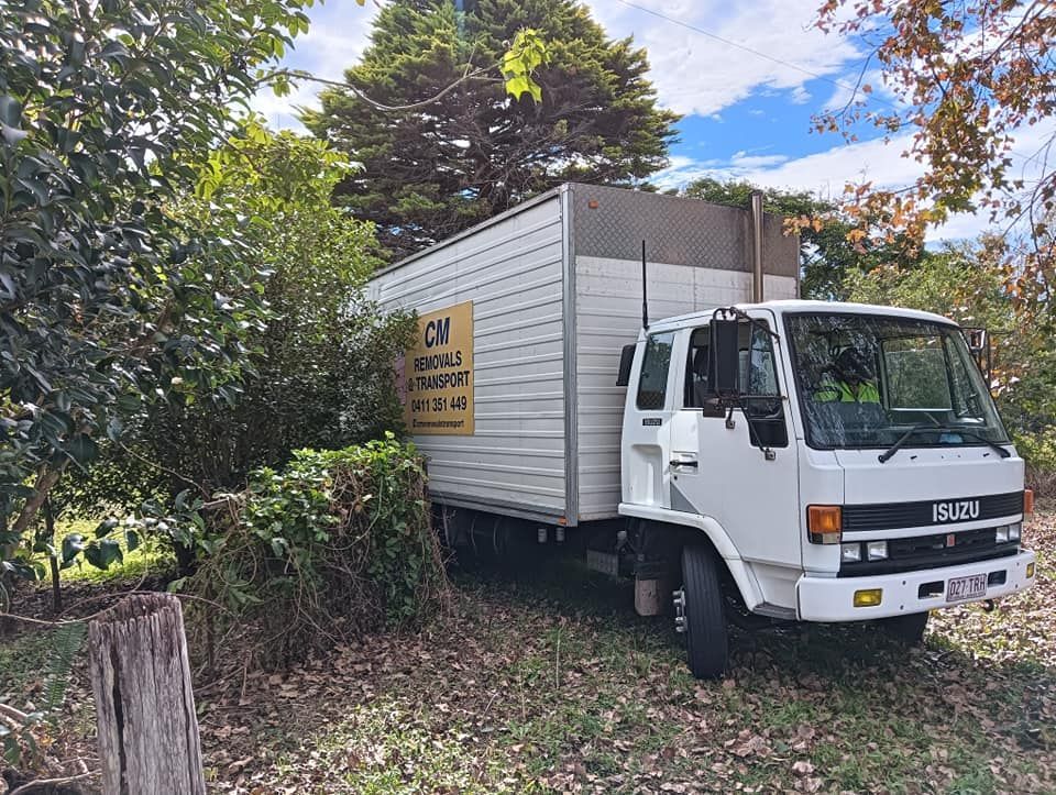 A white truck is parked in the grass next to a tree. — CM Removals & Transport In Hervey Bay, QLD
