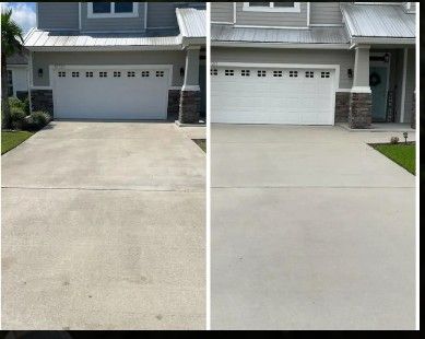 Before-and-after view of a concrete driveway and garage, showing improved brightness and cleanliness