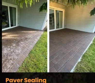 Before-and-after patio paver sealing, showing darker restored pavers beside a home.