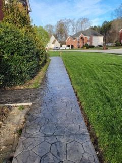 Concrete walkway with patterned surface, bordered by grass and bushes, on a sunny day.